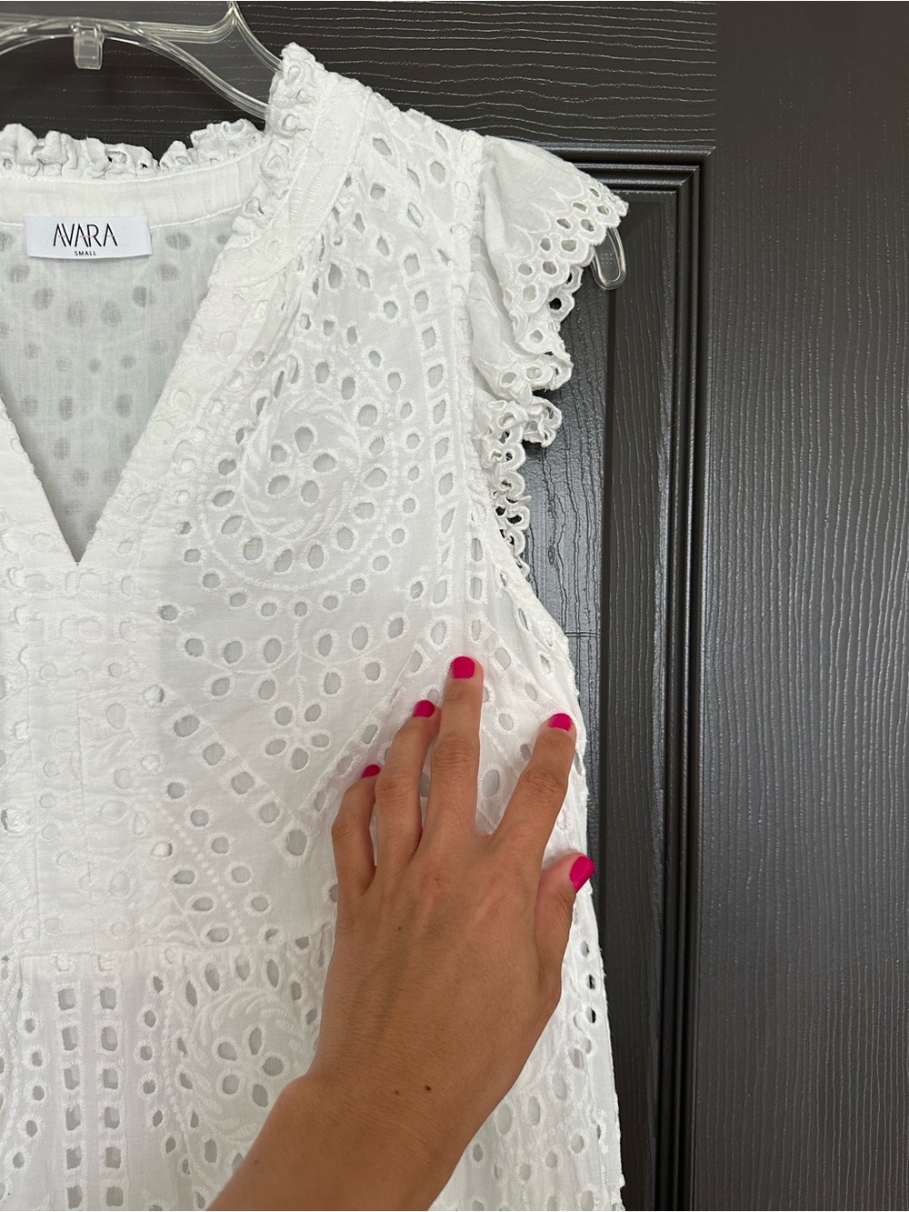 Avara White Eyelet Embroidered Dress Small Flutter Sleeve Lined - Picture 5 of 6